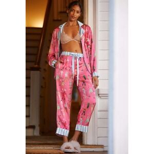 Anthropologie Karen Mabon Après Ski Satin Long Sleeve Pajama Set Pink Large